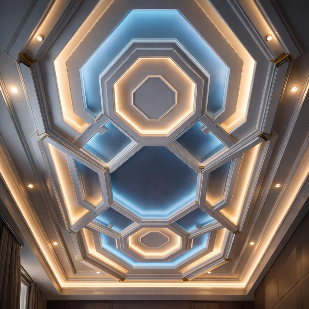 Modern tray ceiling with LED lighting and geometric design