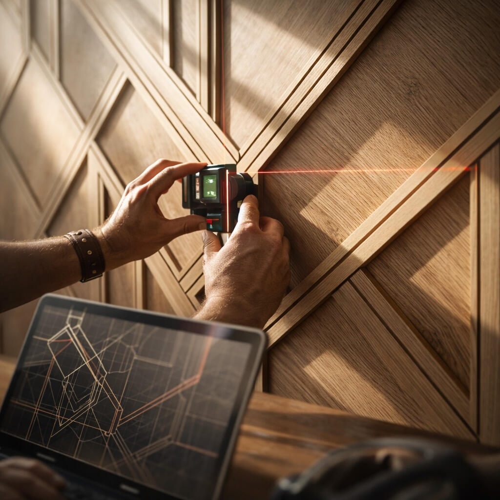 Carpenter aligning trim with laser level on accent wall